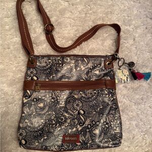Sakroots Navy Floral-Pattern Crossbody with Brown Trim